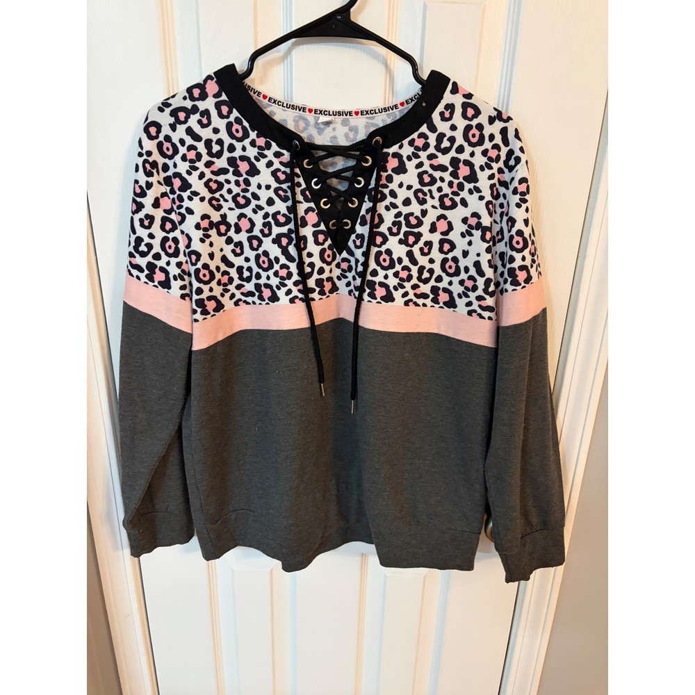 Exclusive Sweatshirt Women Large Grey Pink Leopard Lace Up Colorblock Pullover